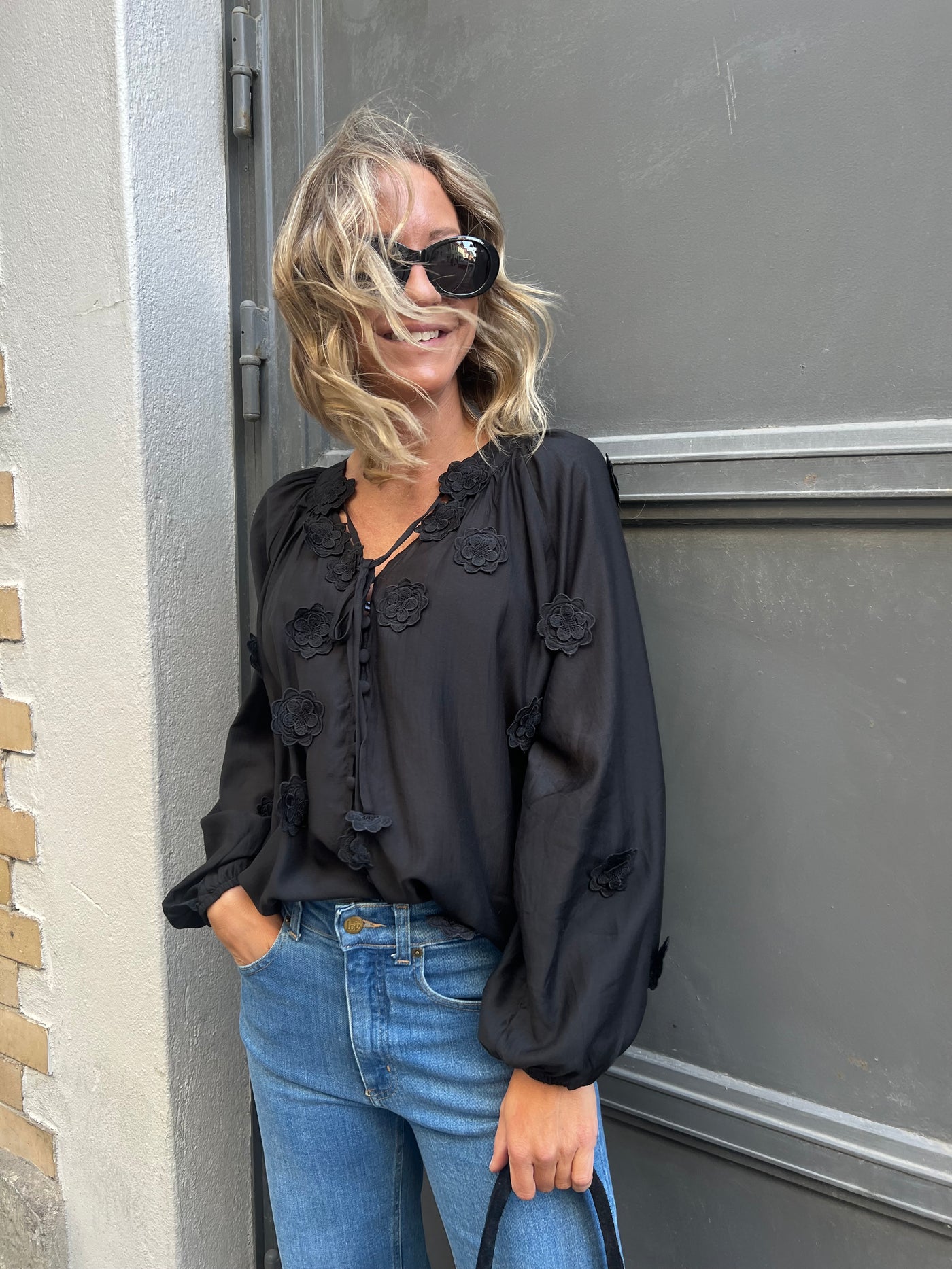 Boho fleur blouse black
