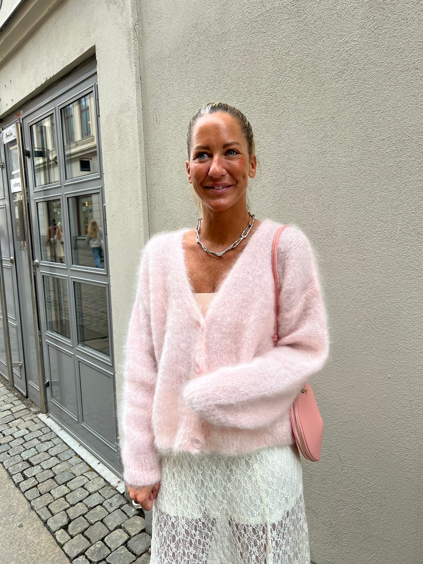 Roro mohair kofta new v hals baby pink 23356