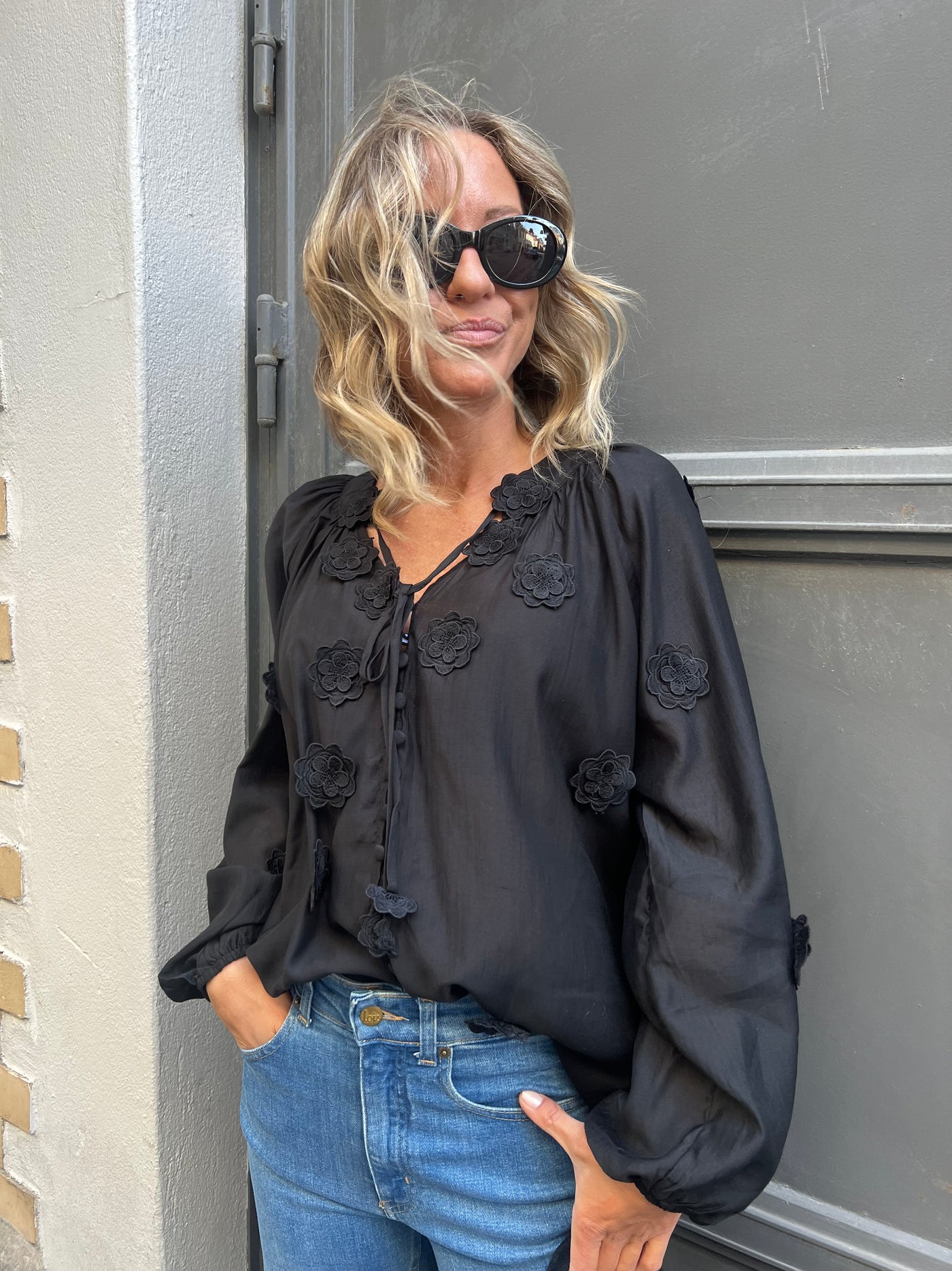 Boho fleur blouse black
