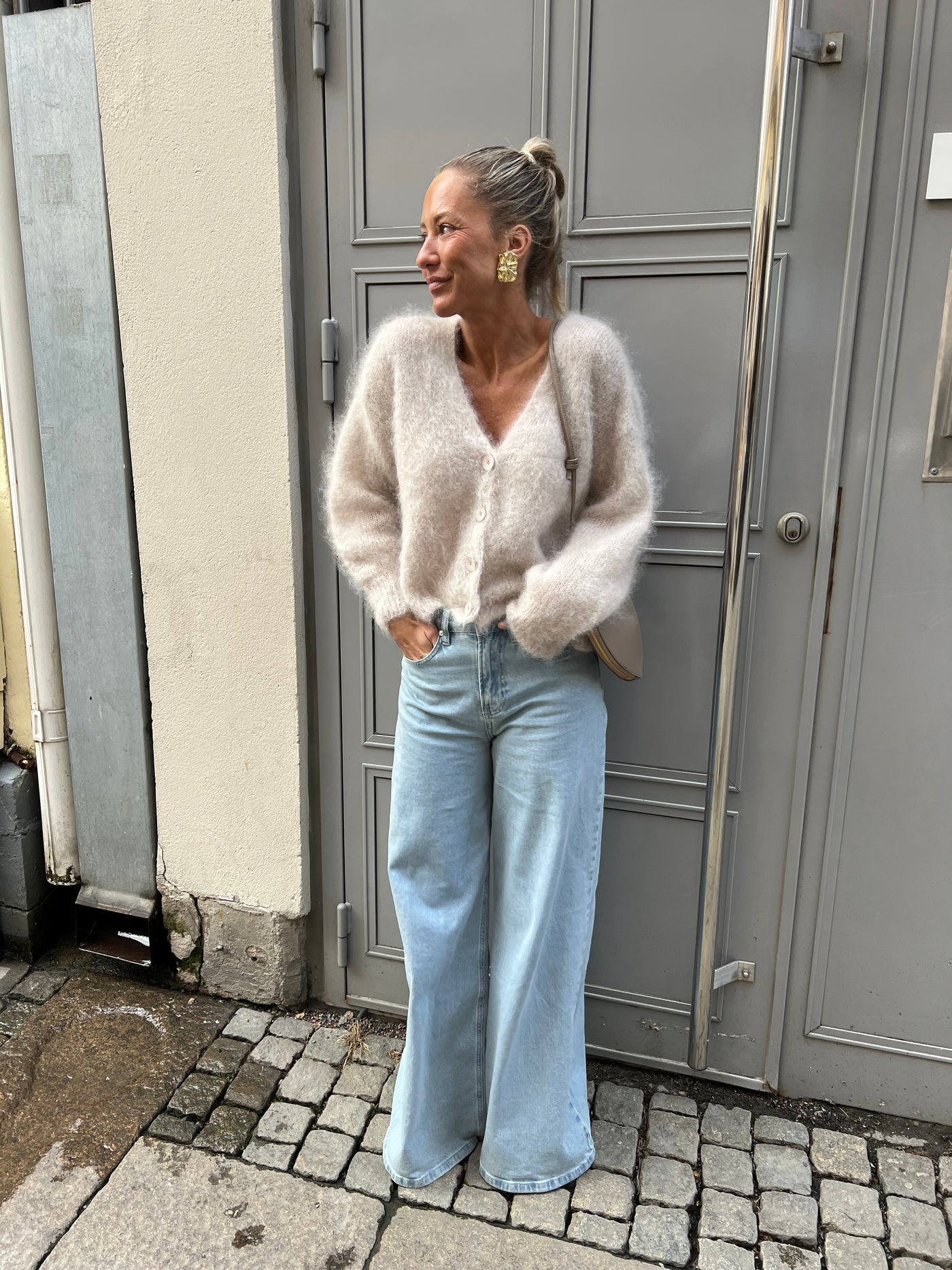 Roro mohair kofta new v hals beige - 23356