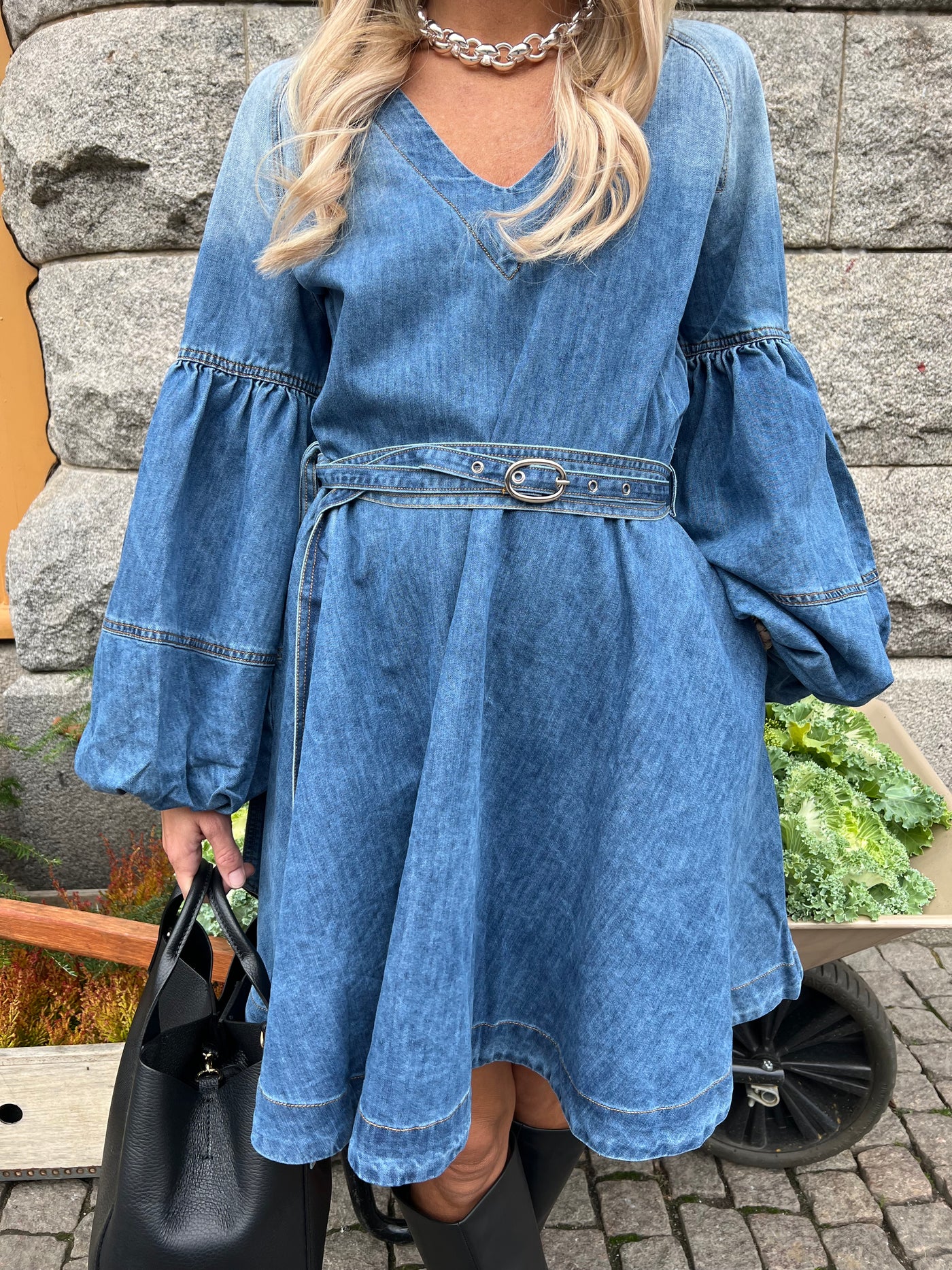 Denim new belt dress