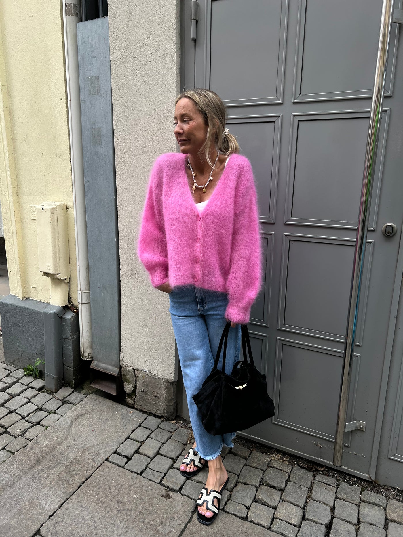 Roro mohair kofta new v hals cerise - 23356
