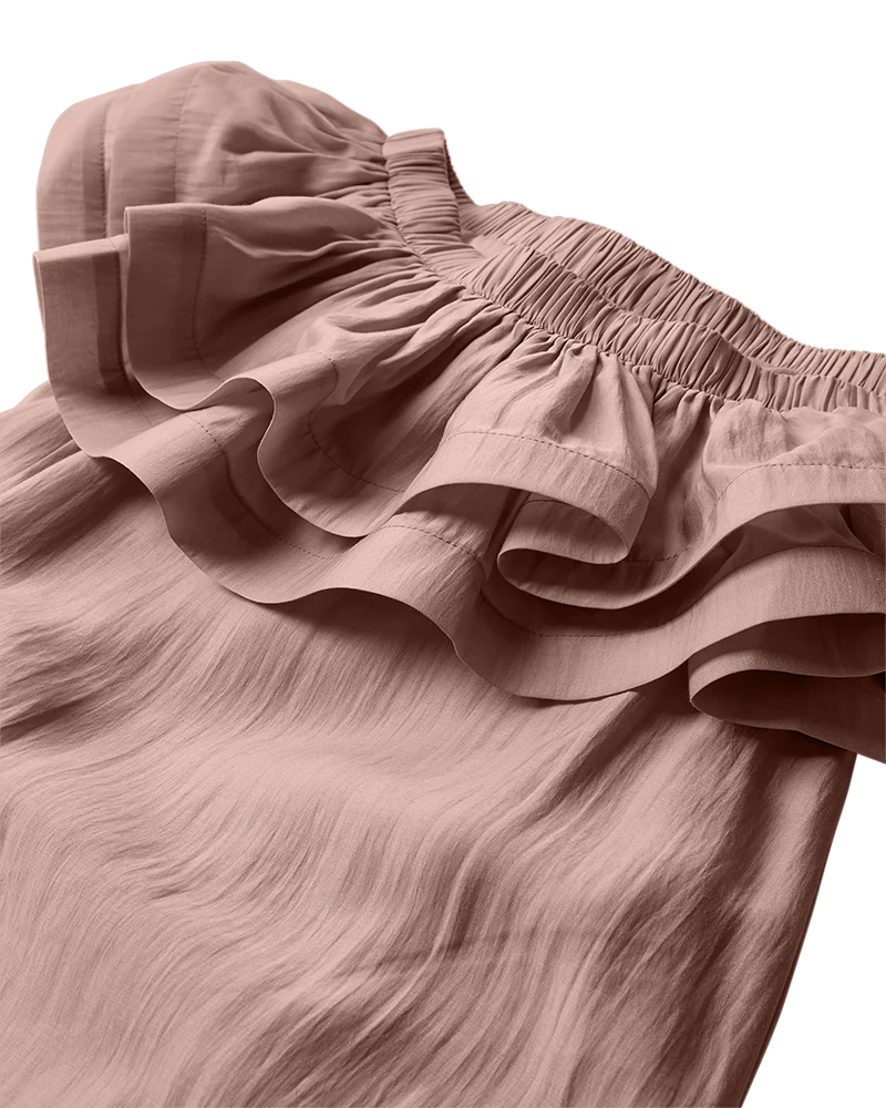 CMMOLLY - OFF-SHOULDER DRESS WITH RUFFLE TRIM IN FAWN