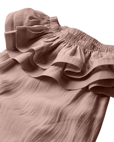 CMMOLLY - OFF-SHOULDER DRESS WITH RUFFLE TRIM IN FAWN