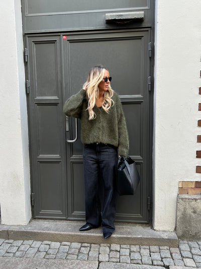 Roro mohair kofta new v hals armygreen - 23356