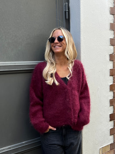 Roro mohair kofta new v hals Vinrött - 23356