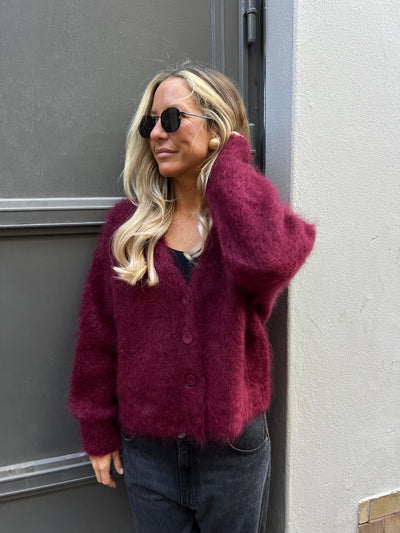 Roro mohair kofta new v hals Vinrött - 23356